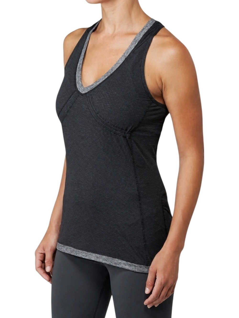 Lululemon Babydoll Tank in black and grey. Features a V neckline and contrast gr